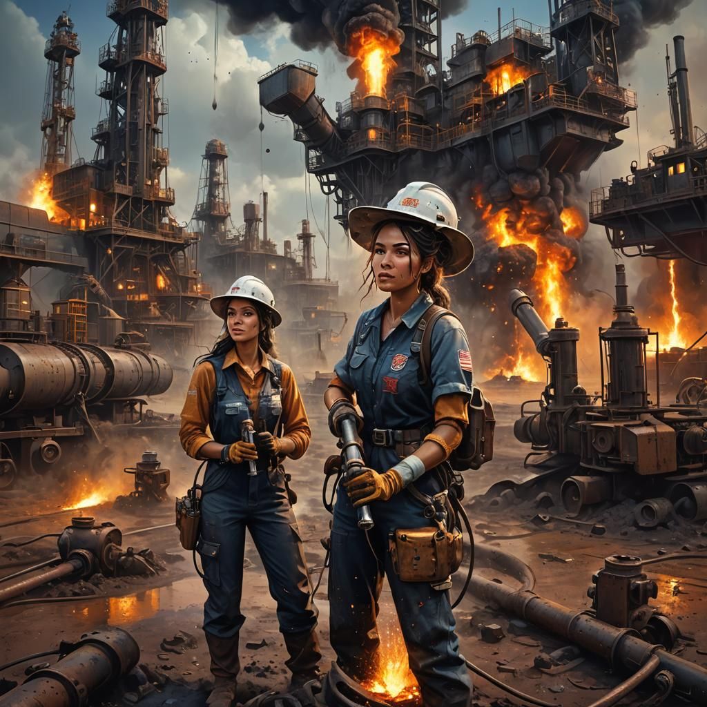 Texas Oil Women Drilling: Matte Painting Style