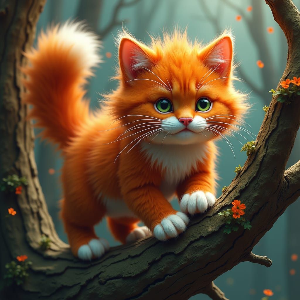 Orange Cat Frolics on Mystical Tree: Fantasy Concept Art