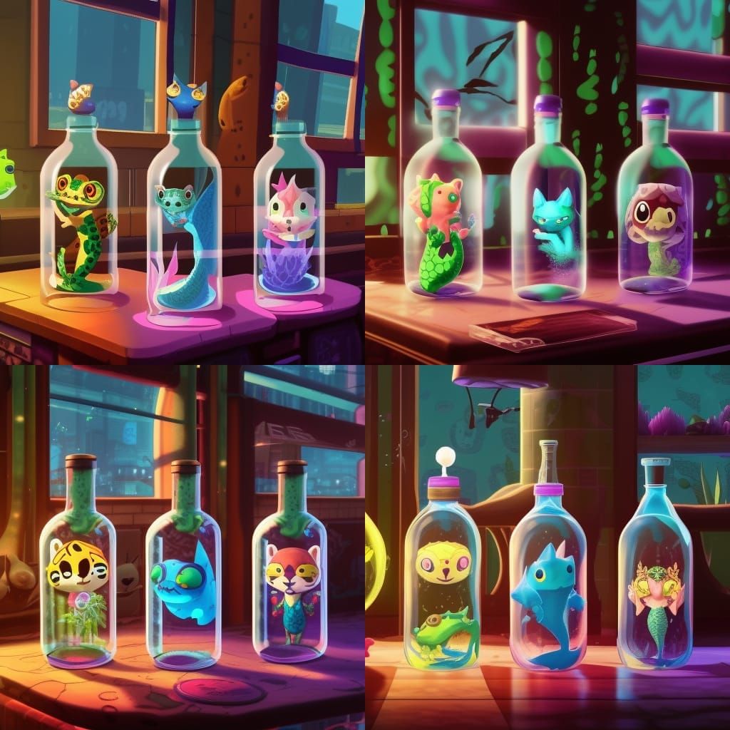 a cheetah, a frog, and a mermaid cat hybrid inside glass bottles (with water), Hyperbolic, DMT,  Animal Crossing (videog...