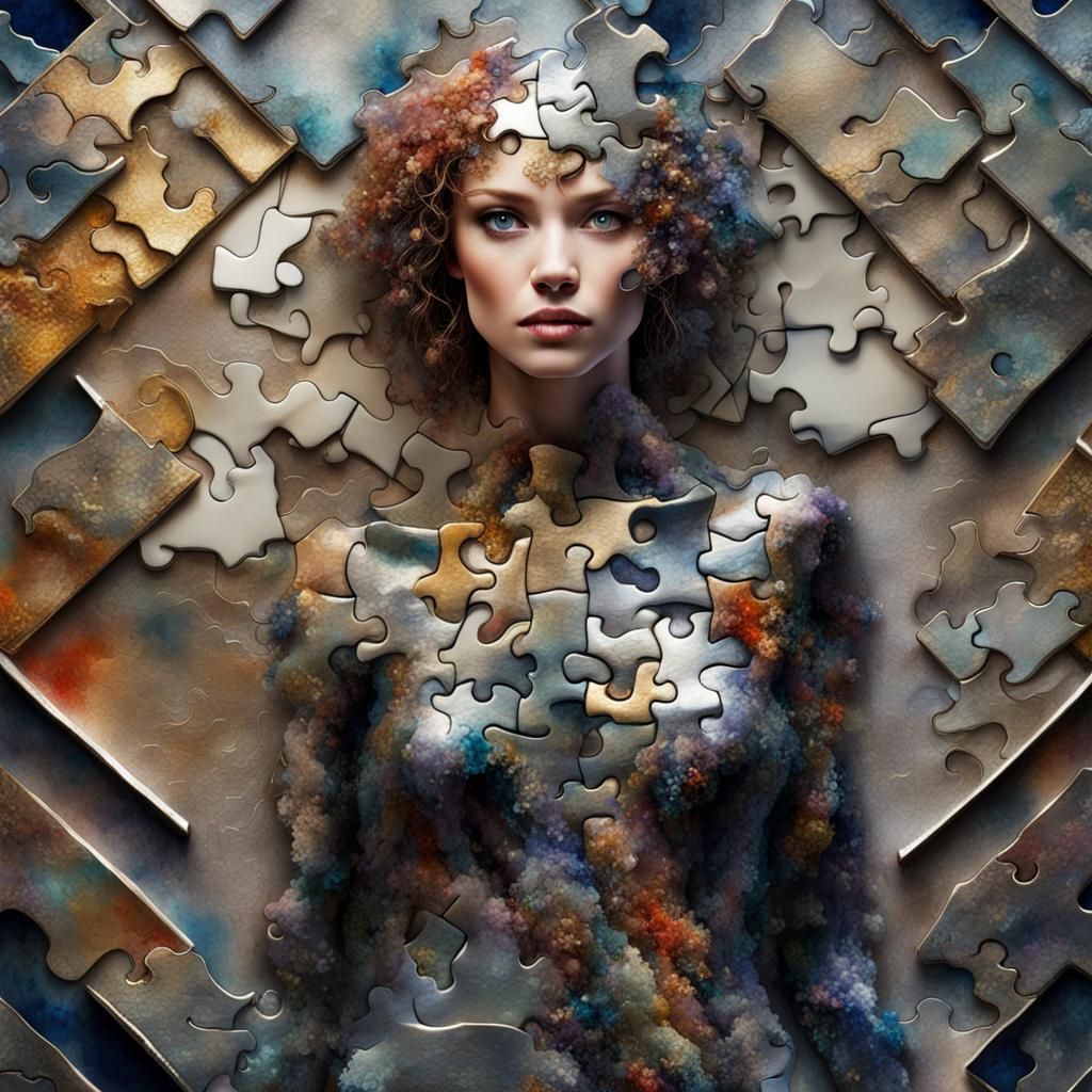 Abstract Puzzle Woman with Mixed Media Textures