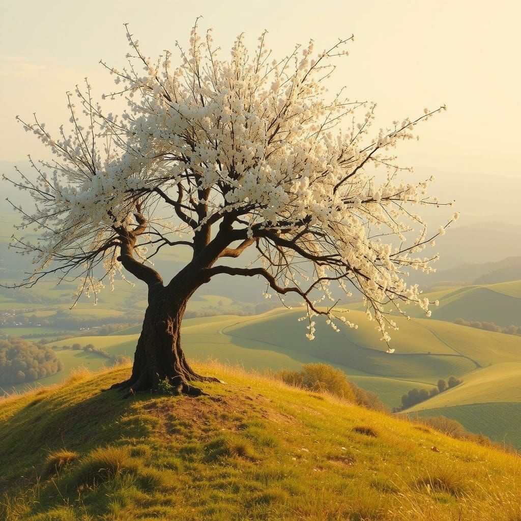 Majestic Hawthorn Tree in Soft Focus Landscape