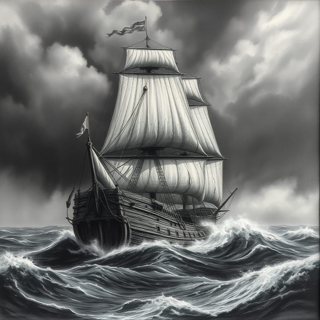 A sketch of an old sailing ship with tattered sails, battere...