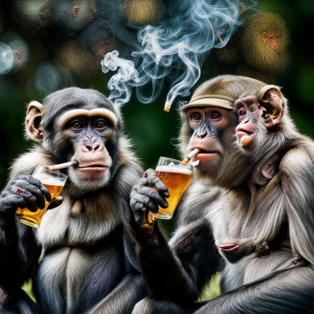 Monkeys Enjoying Beer and a Joint