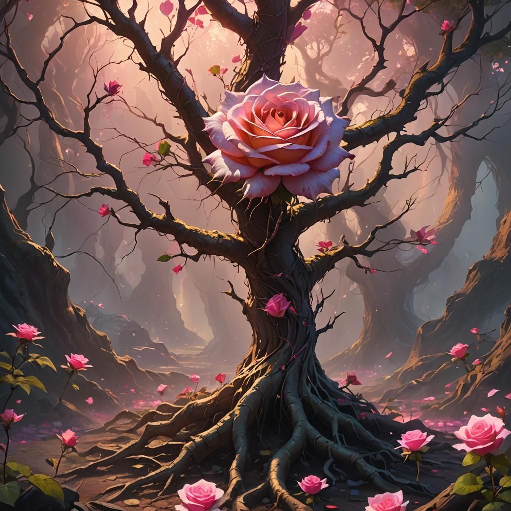 Rose Tree Split by Glowing Crack: Fantasy Art
