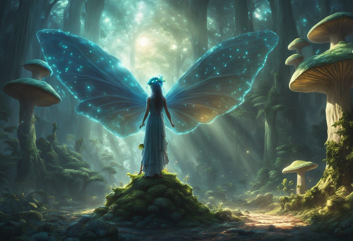 Bioluminescent Fairy in Enchanted Forest, Fantasy Concept Ar...