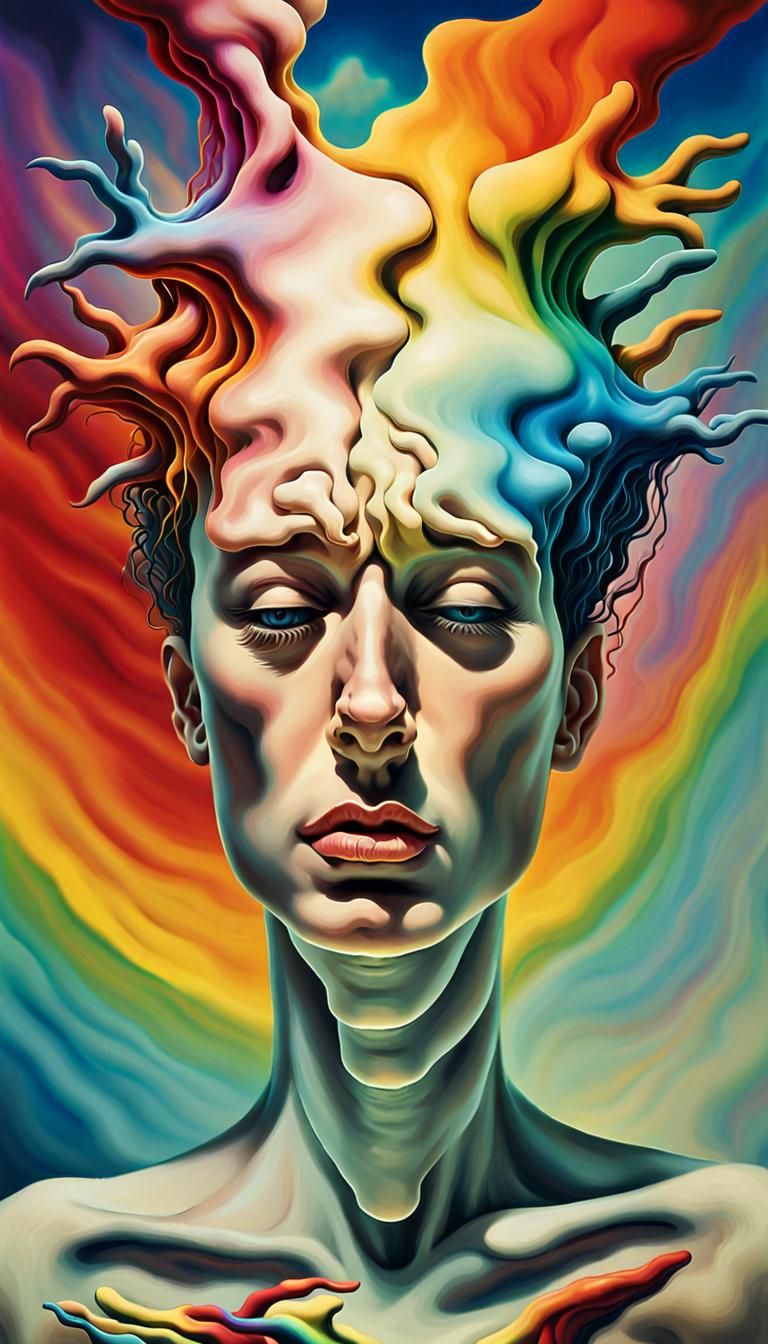 Surreal Dreamer: Melting Brain Portrait in Vibrant Colors