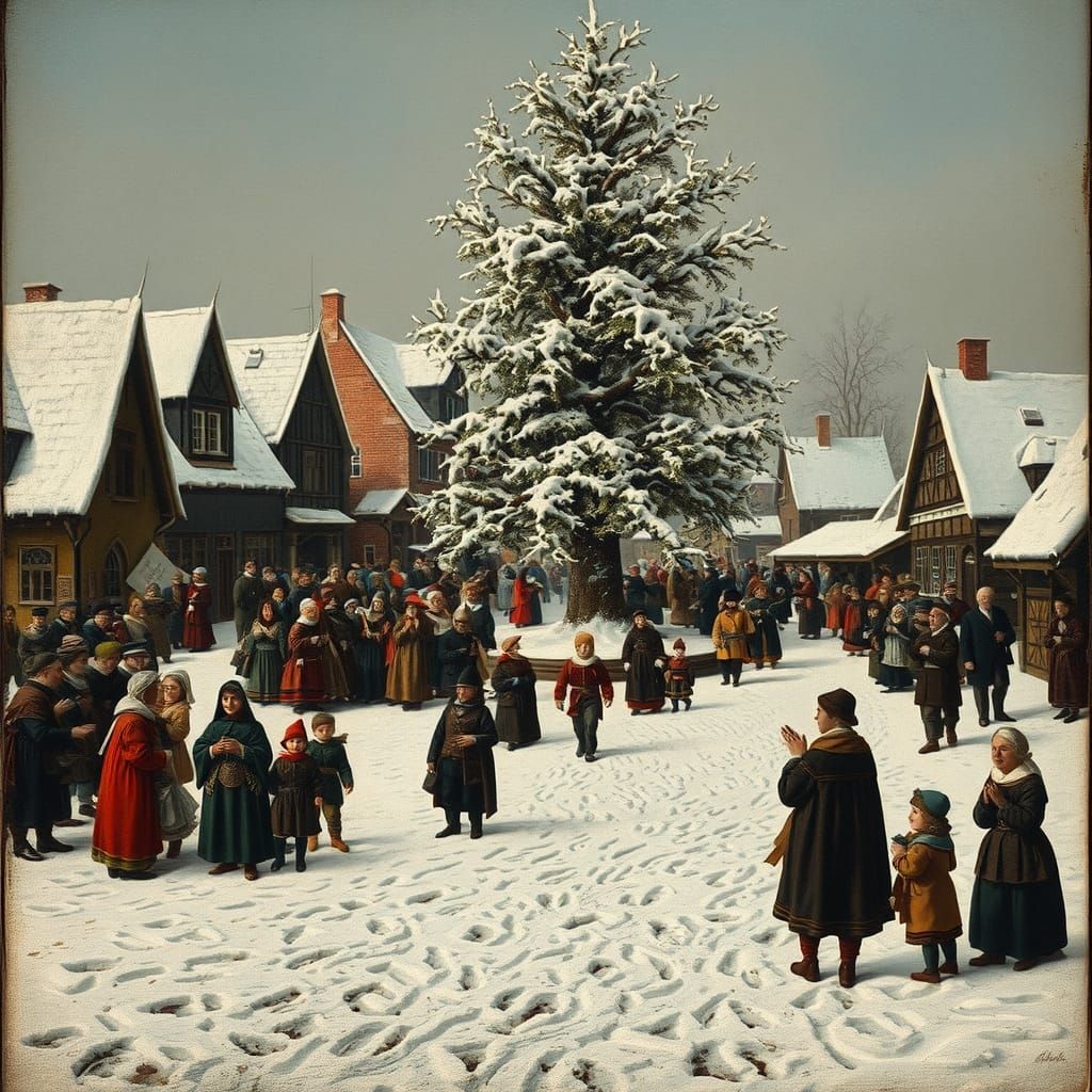 Festive Winter Village Scene in Old Masters Style