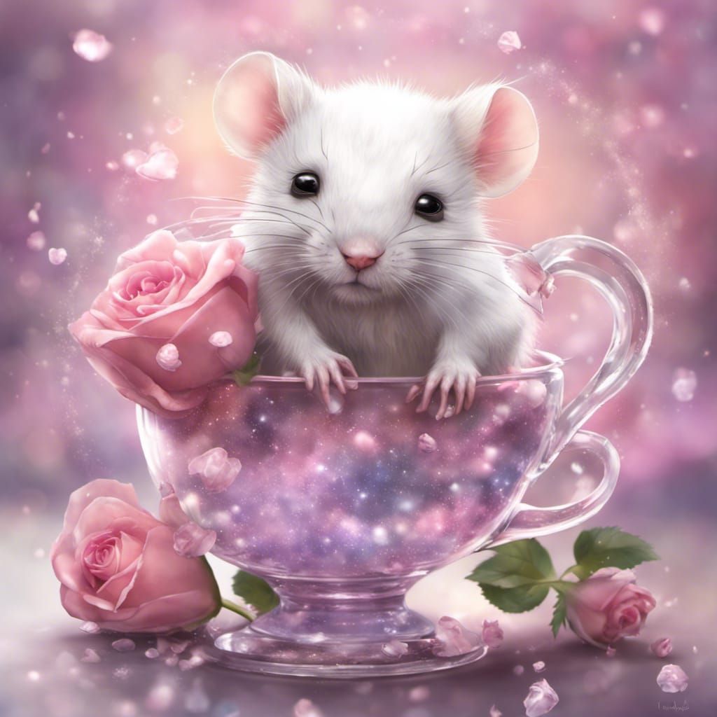 A cute white fluffy mouse inside a pretty teacup.