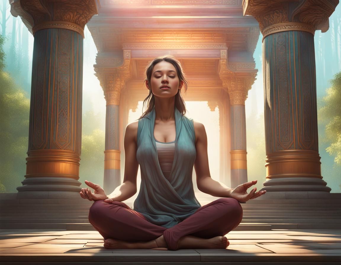 Meditating Woman in Forest Temple, Detailed Art