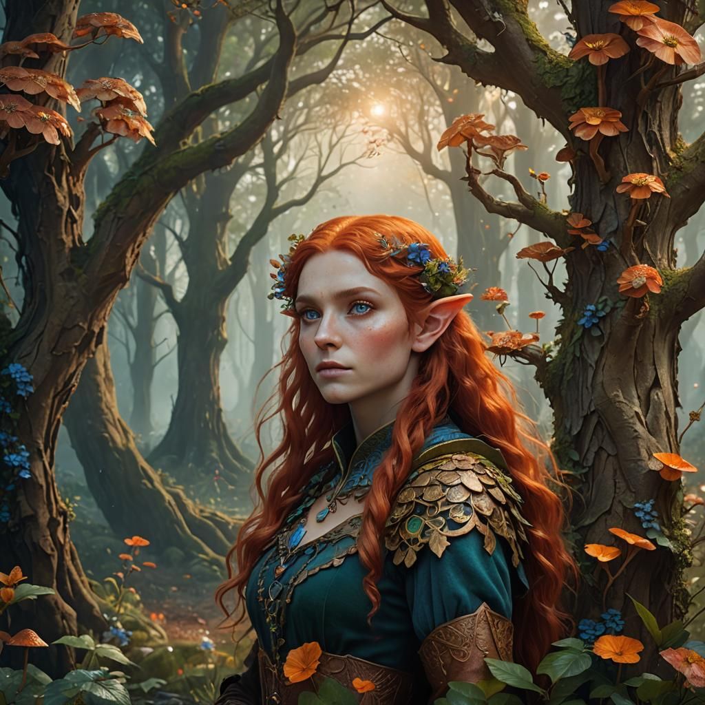 Elf Girl Portrait in Fairytale Forest, Detailed Matte Painti...