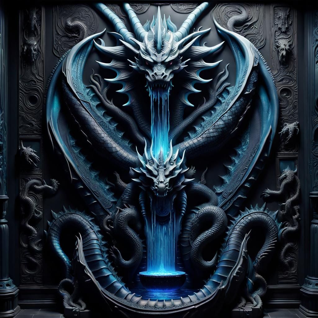 Obsidian Dragon God Water Fountain with Bioluminescent Glow