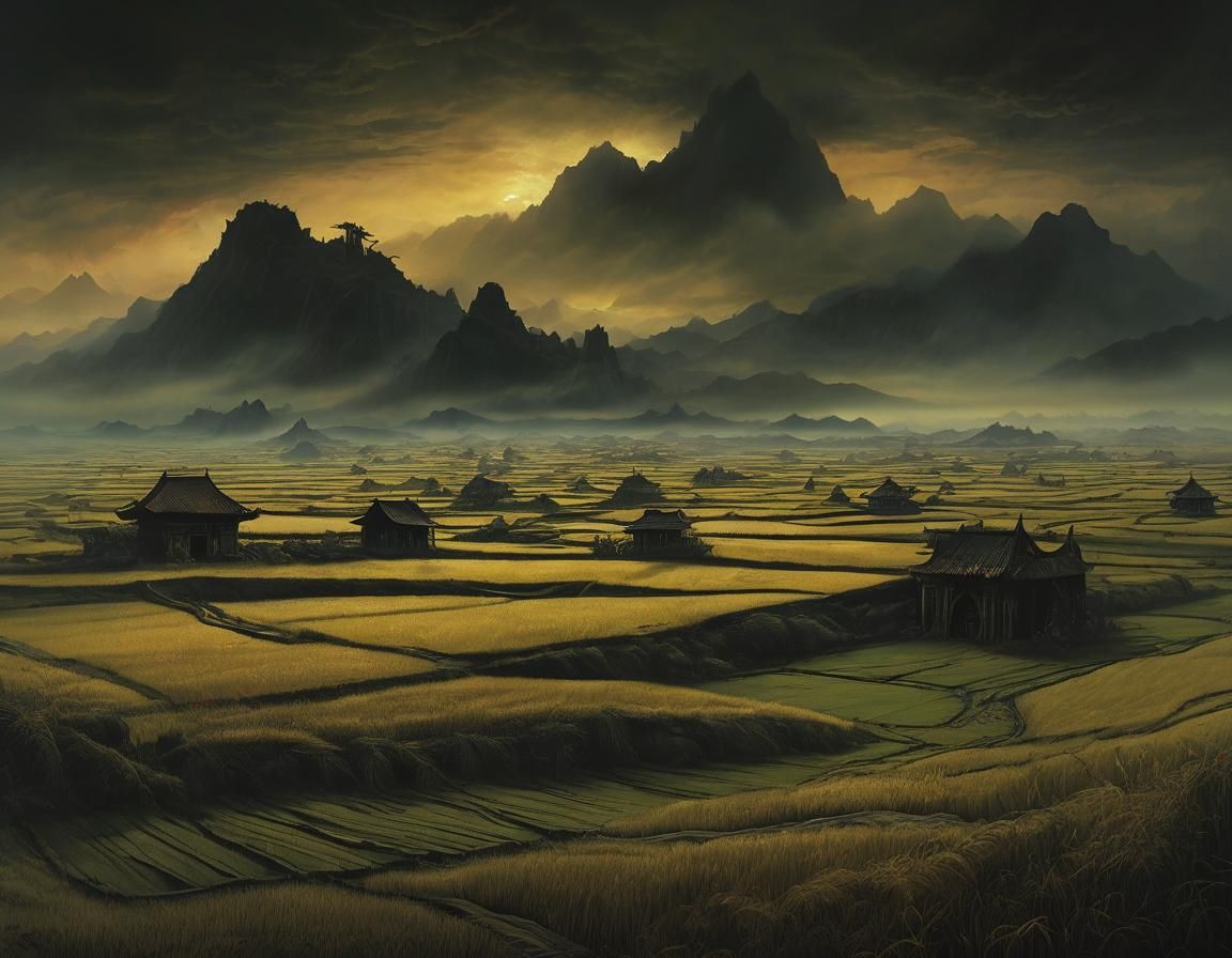 Mystical Rice Fields with Haunting Figures