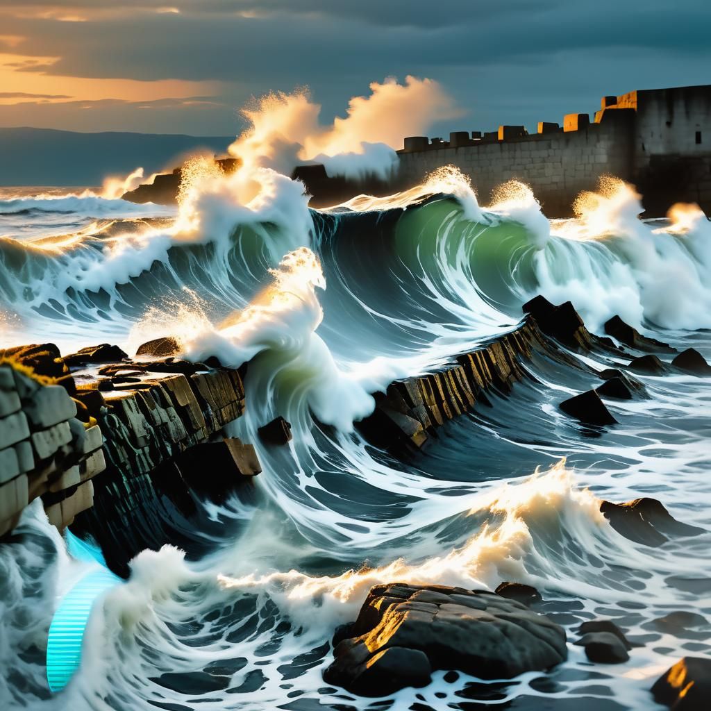 Dramatic Wave Crashes on Breakwater at Dusk