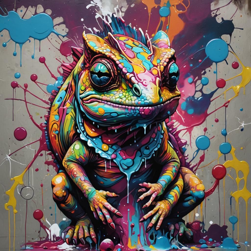 Polychromatic Chameleon Graffiti Art with Cherry Blossoms