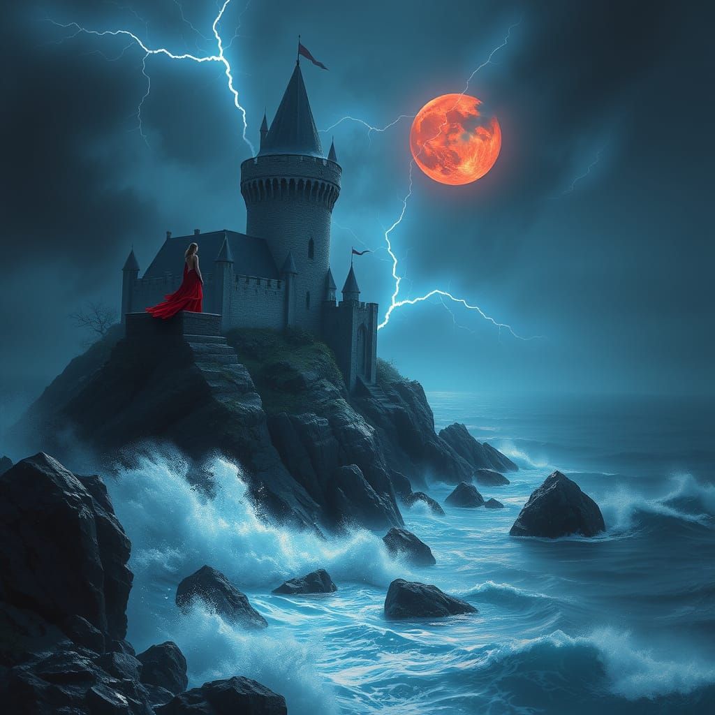 Gothic Castle in Turbulent Stormy Seascape with Crimson-Garb...