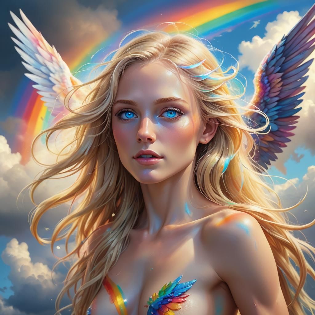 Angelic Woman with Wings in Colorful Sky