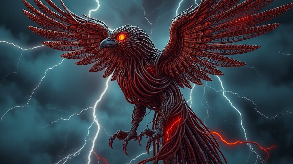 Intricate Wire Falcon in Mystical Storm