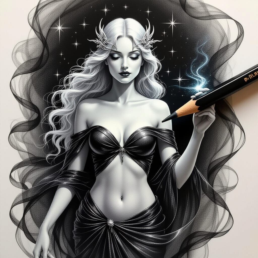 Pencil Draws Ethereal Goddess From Charcoal Sketch
