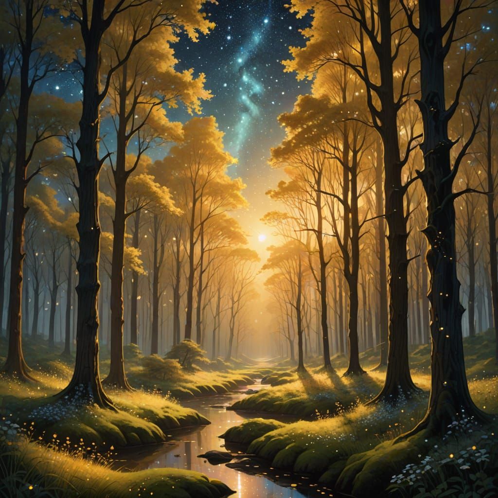 Ethereal Spirits Gather Under Golden Forest Sky