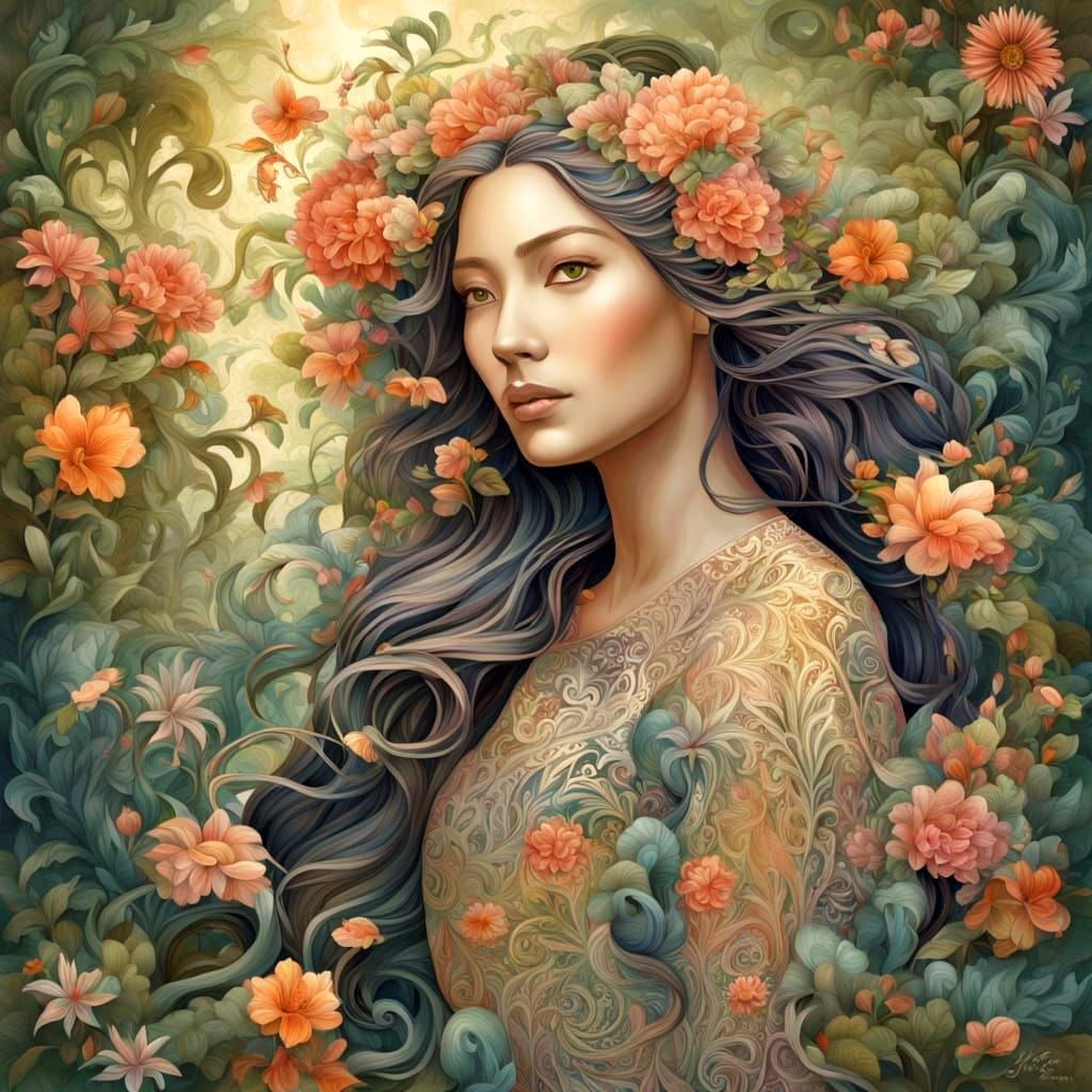 Elegant Woman Adorned with Flowers in Enchanted Garden