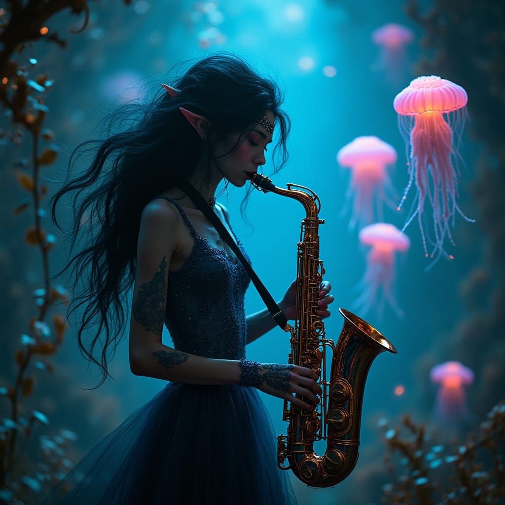 Elf Playing Saxophone in Bioluminescent Grotto