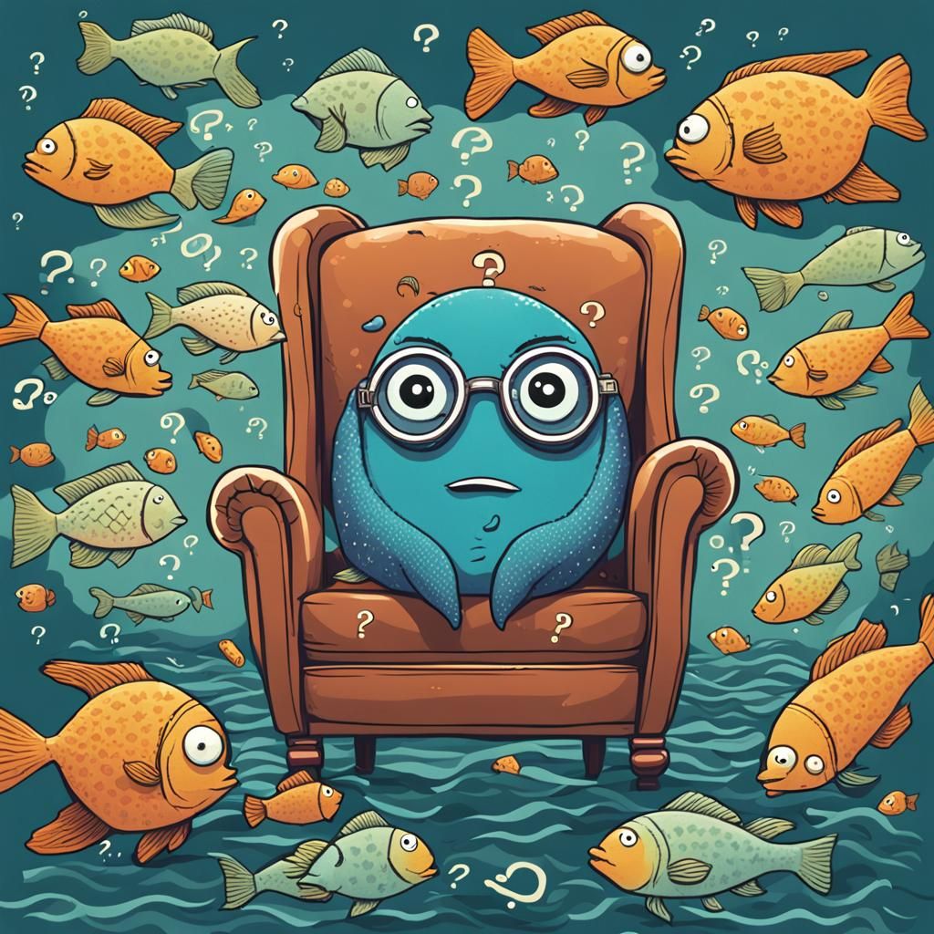 Pensive Fish in Armchair Surrounded by Questions