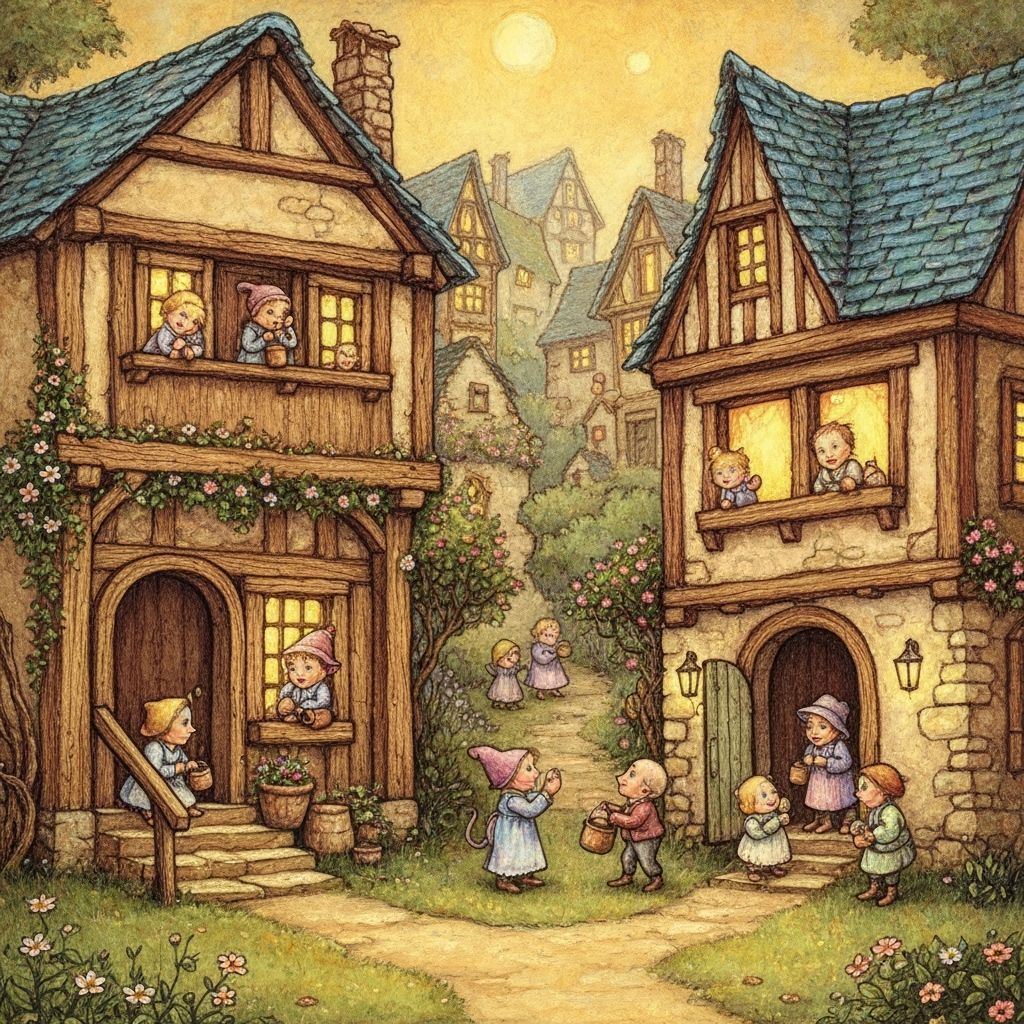 Enchanted Fairy Village with Tiny Folk in Oil Painting Style