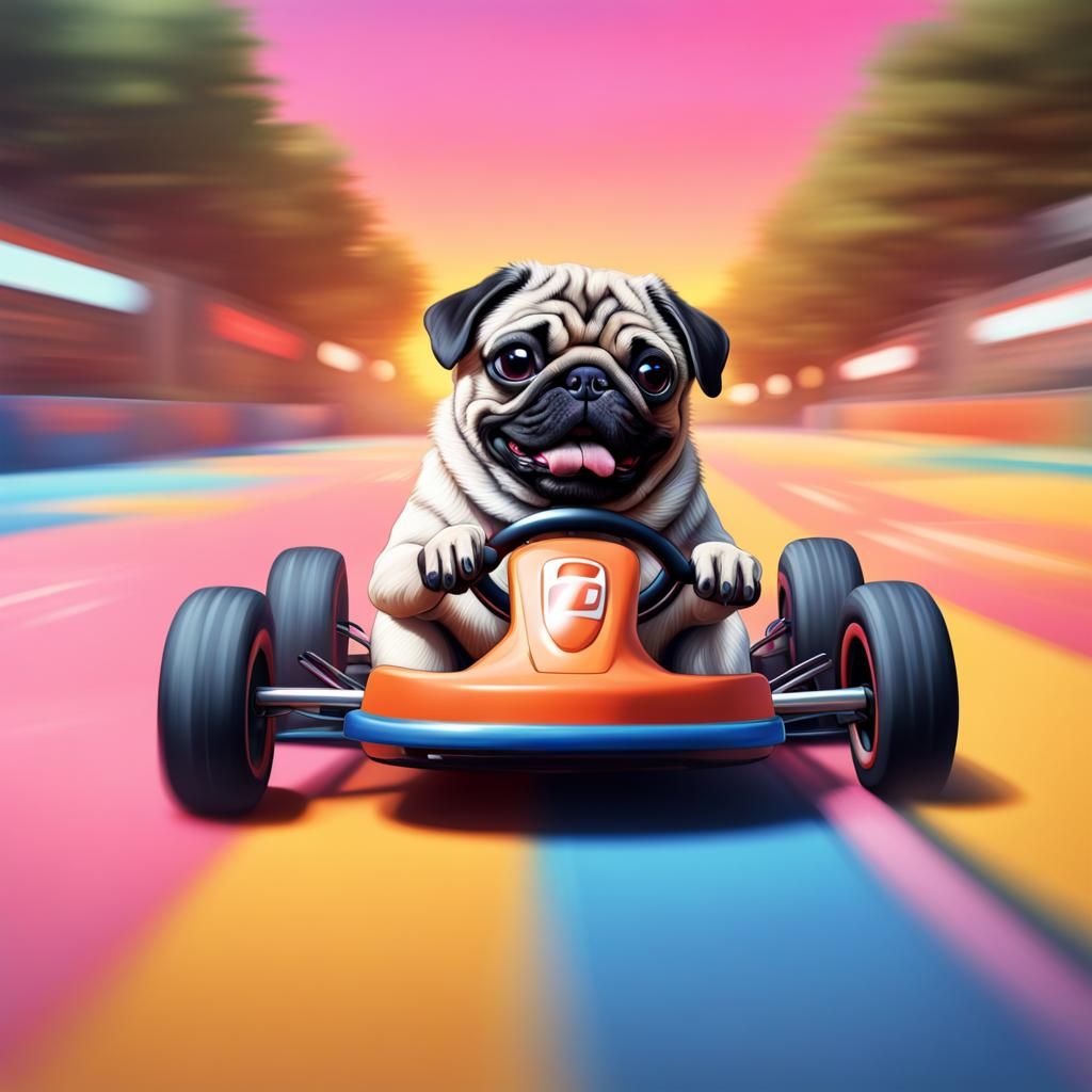 Pug Driving Go-Kart in Hyperrealistic Splash Art
