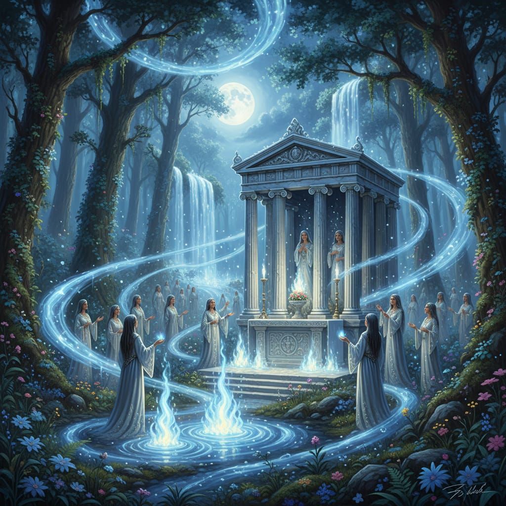 Nighttime Forest Shrine with Priestesses and Ley Lines