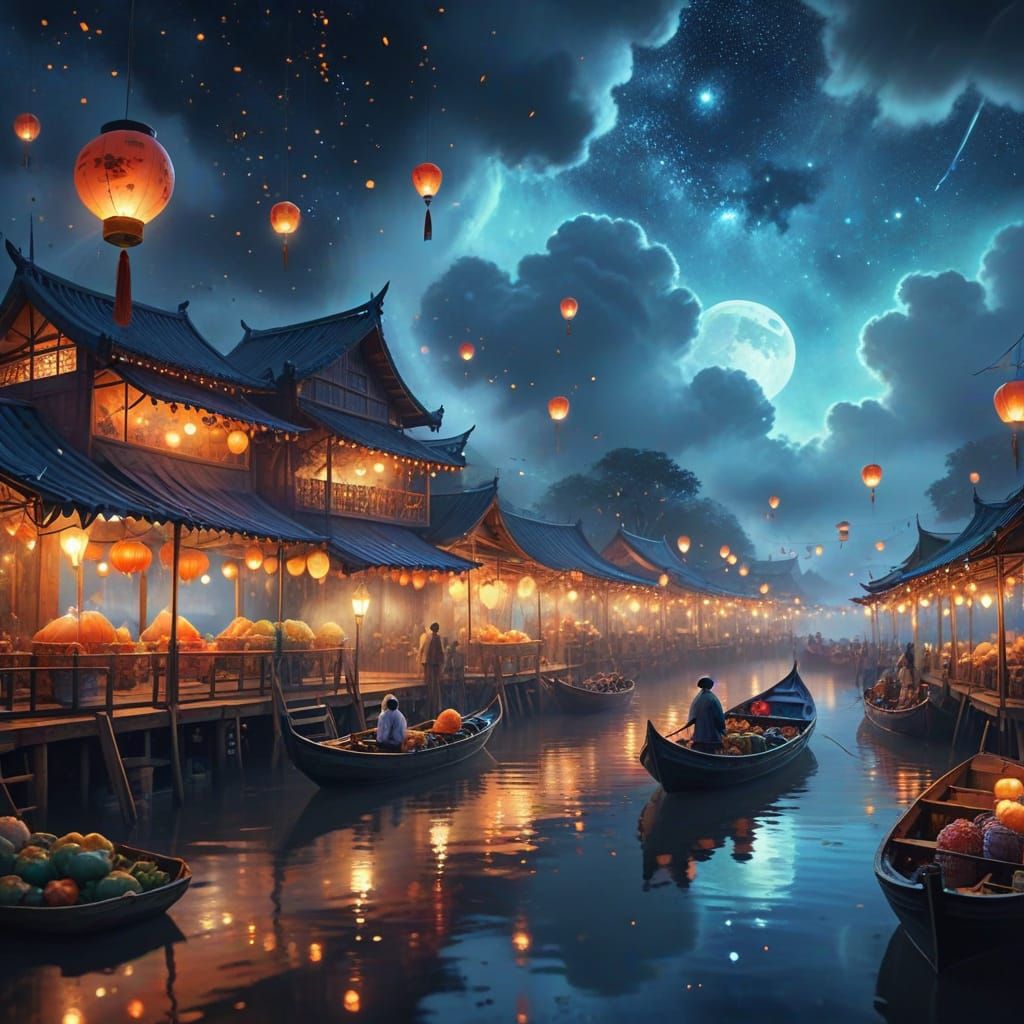 Surreal Floating Market in Dreamy Watercolor Style