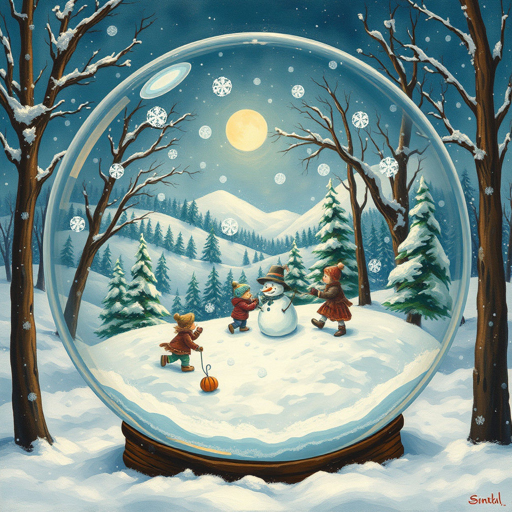 Snow Globe Winter Scene in Impressionistic Gouache Style