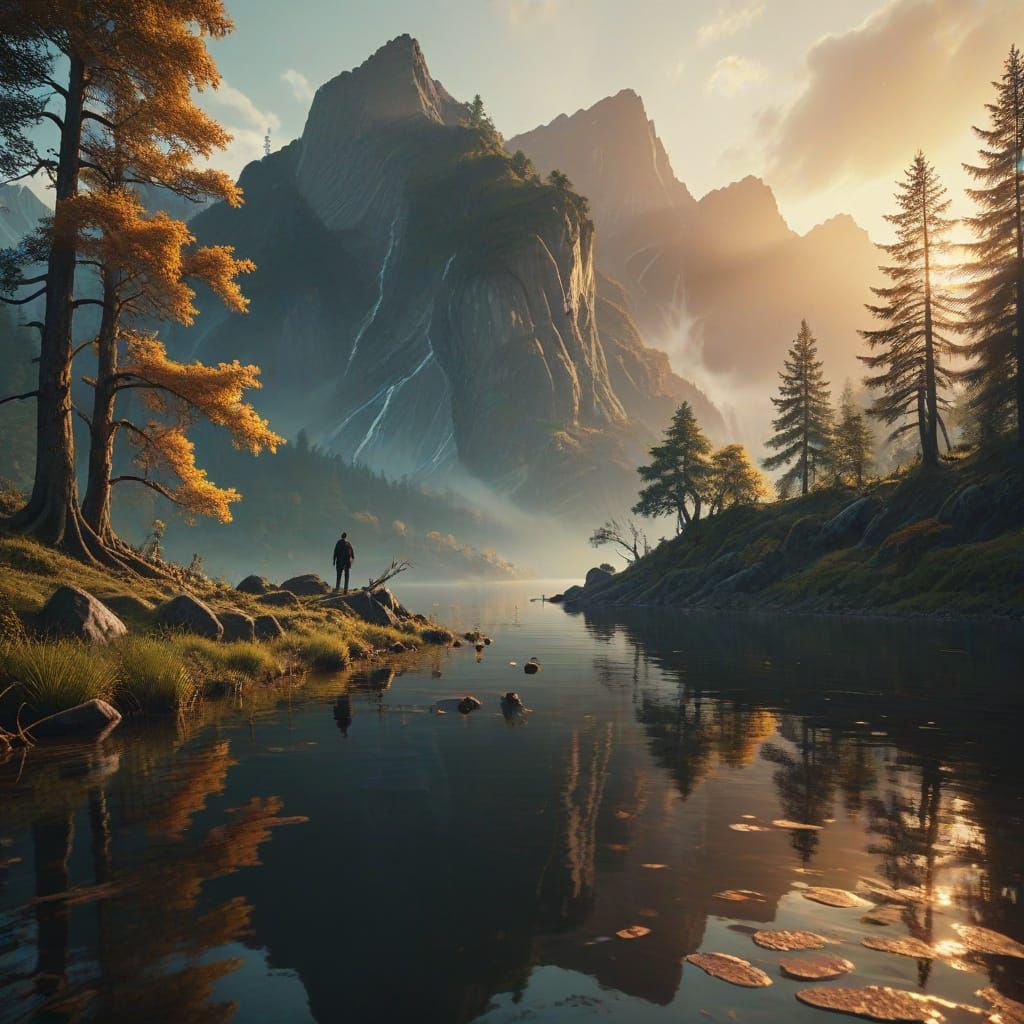 Cinematic Lake Oasis at Sunset in Warm Golden Lighting