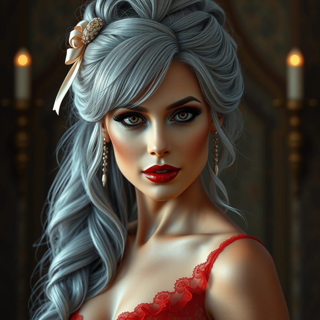 Elegant Grey Haired Woman in Crimson Dress