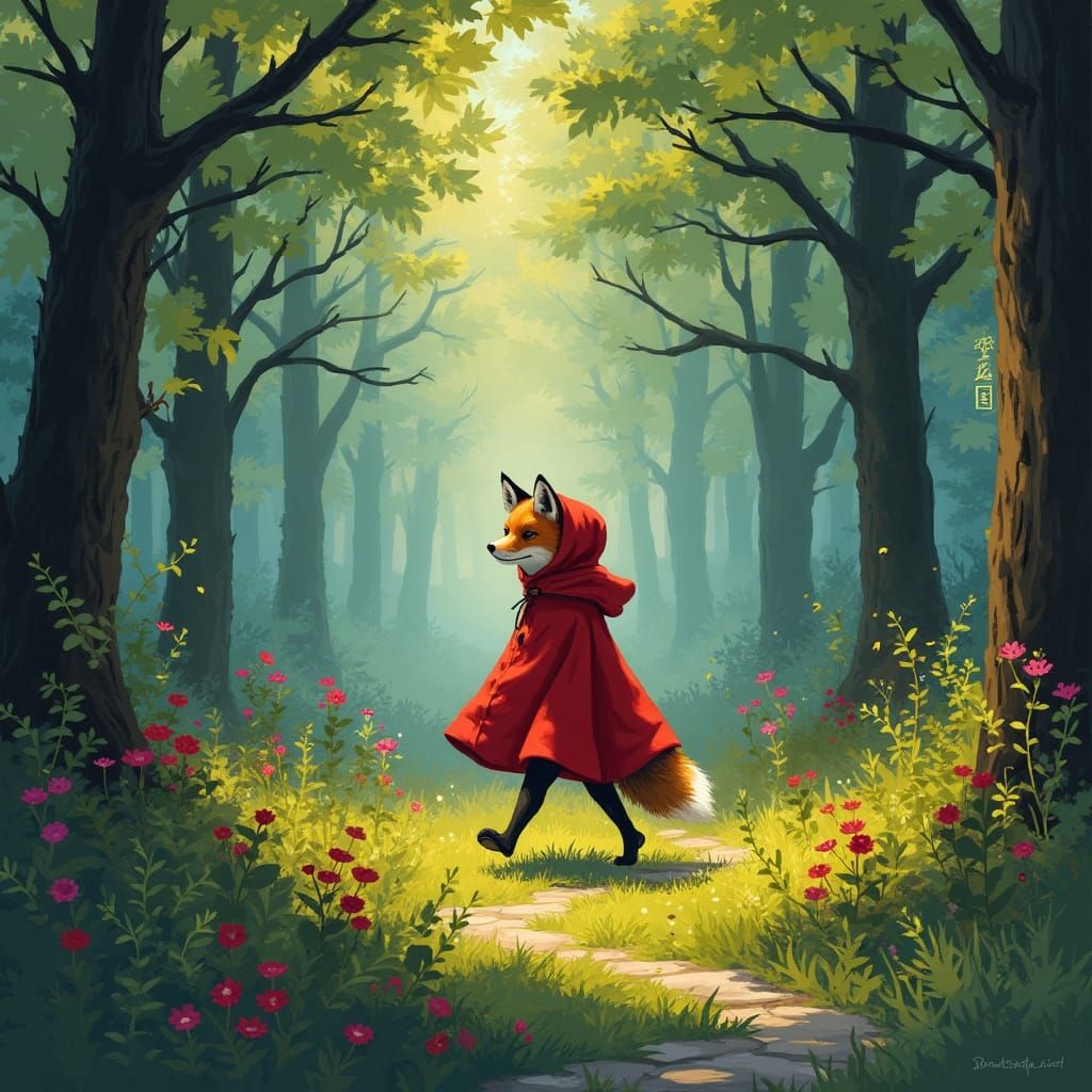Fox in Red Hooded Cloak in Mystical Forest