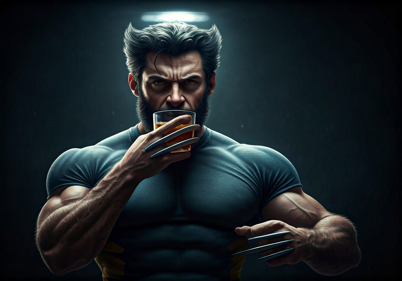Wolverine Savoring Whiskey in Moody Hyperrealistic Scene