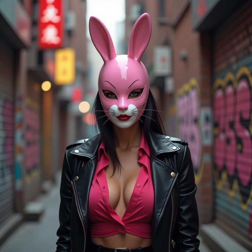 Tough Femme Gangster in Pastel Pink Bunny Mask