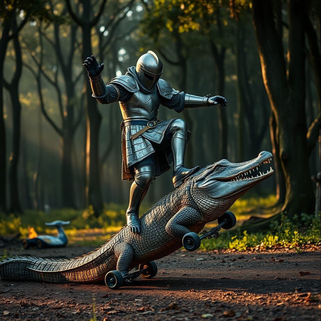 Knight Kickflip with Crocodile in Cinematic Style
