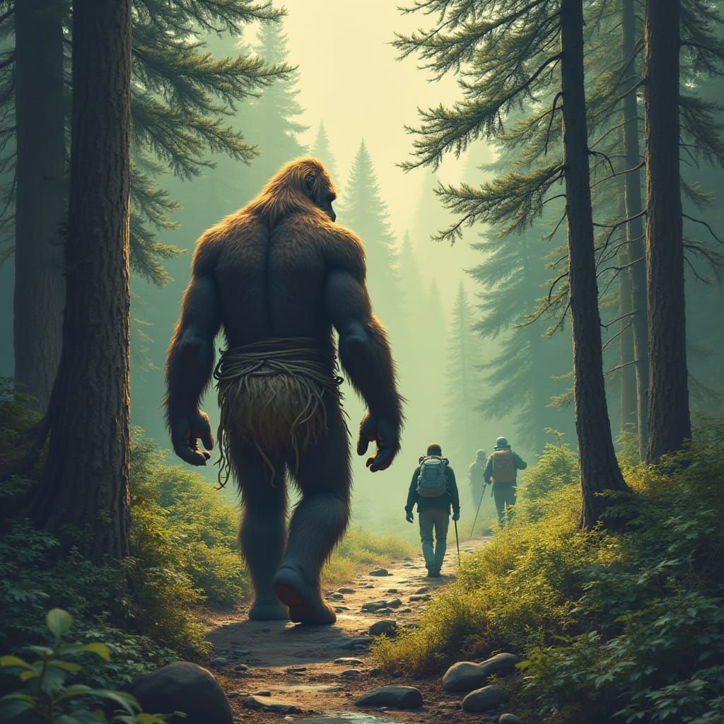 Bigfoot Stares at Hikers in Atmospheric Landscape