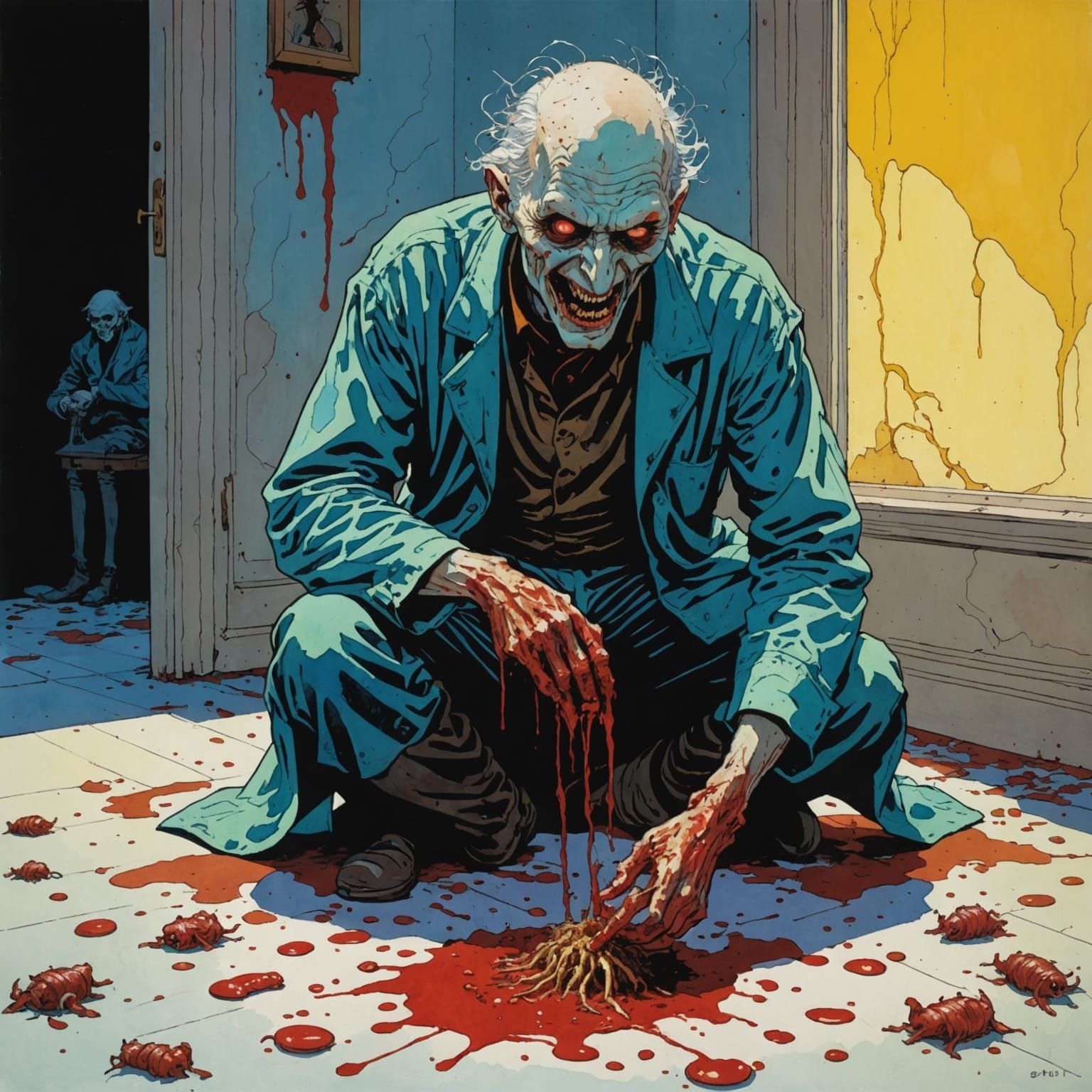 Ghoul Vomiting Maggots in Retro Comic Style