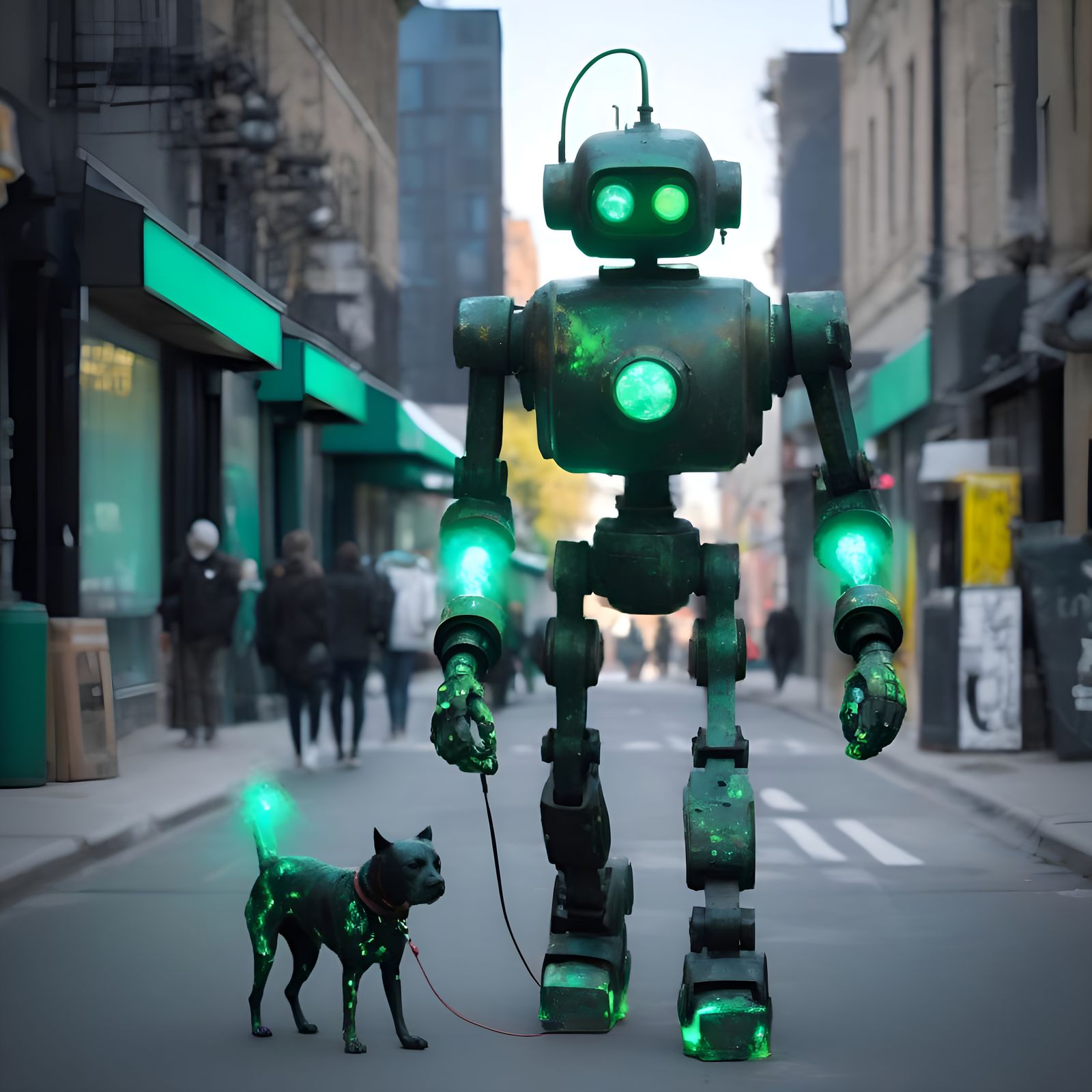 robot humain, black and green patina paint :1.2 < , glowing neon, bokeh fire balls :1.2< , walking a dog on a leash in t...