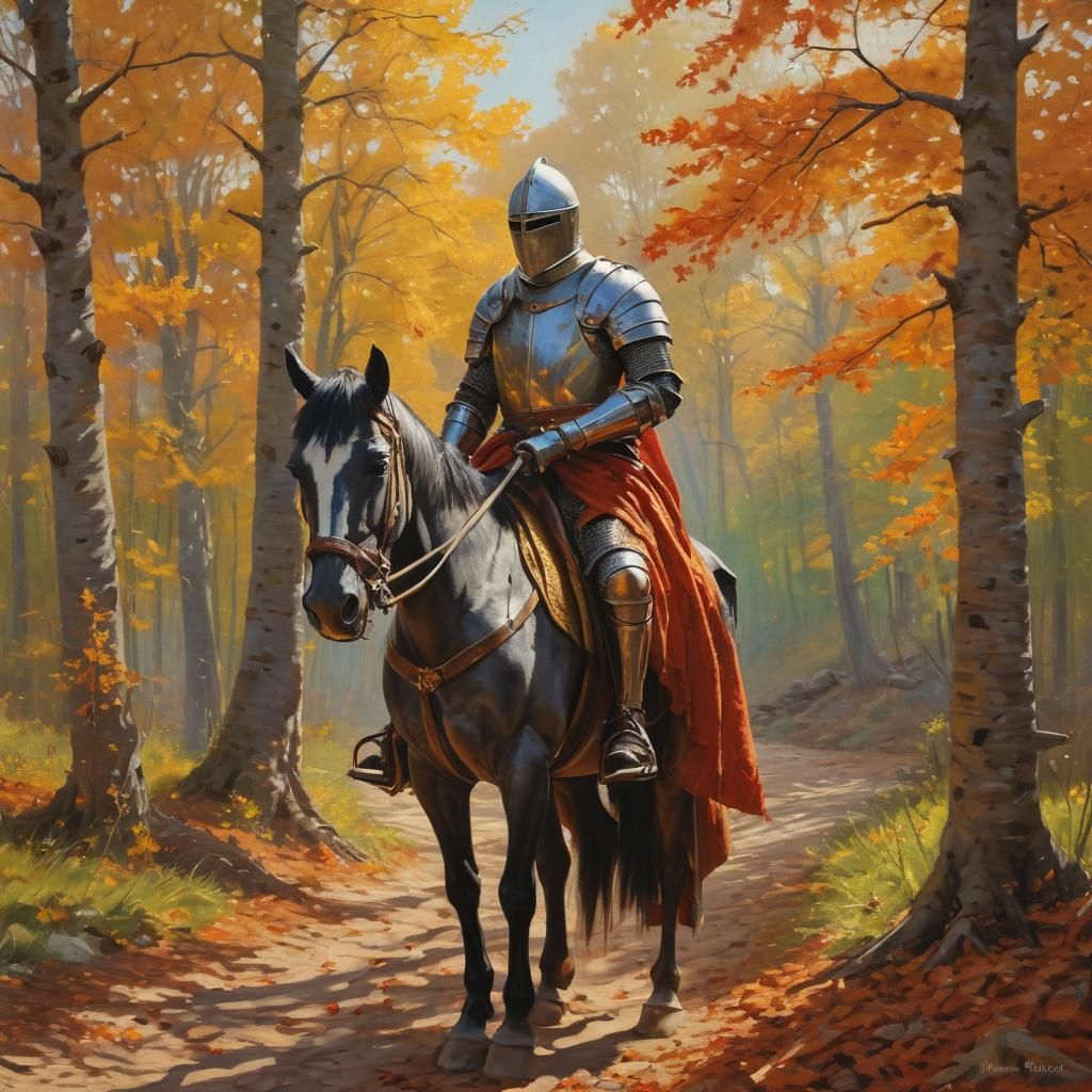 Medieval Knight in Autumn Landscape: Oil Painting