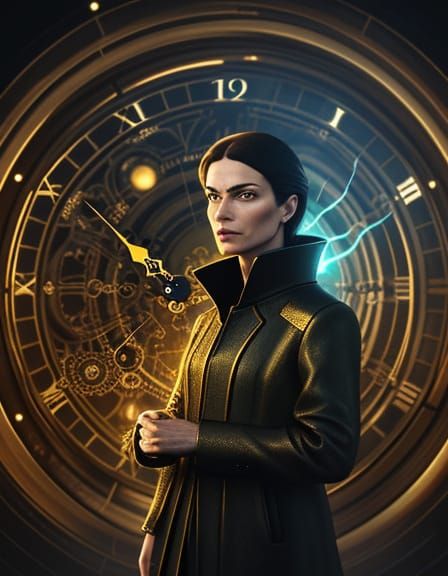 Time Traveler and Glowing Clock in Digital Art Style