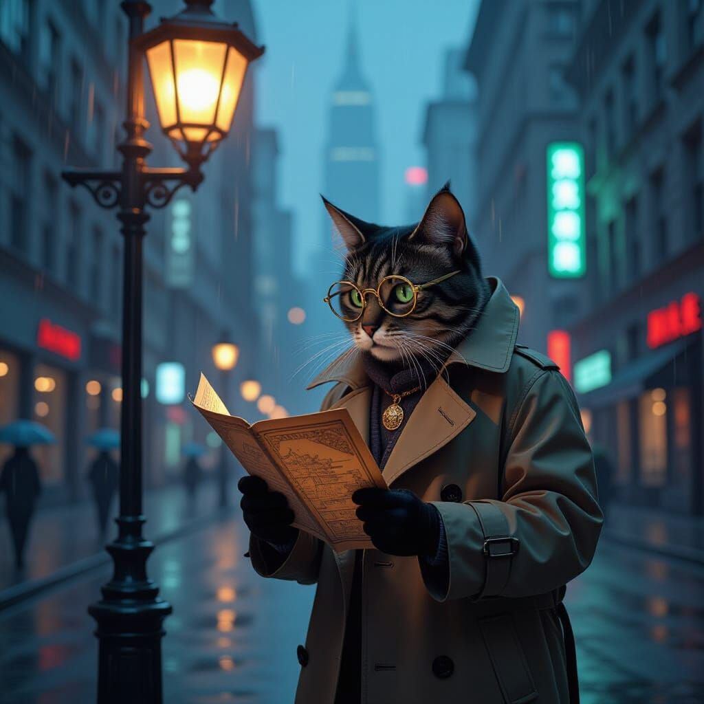 Cyberpunk Cat Detective Inspects Antique Map