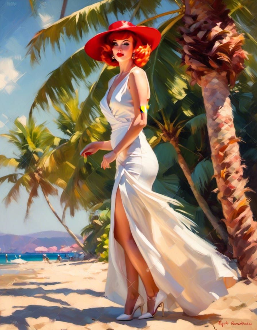 Glamorous Woman on Tropical Beach in Impressionistic Oil