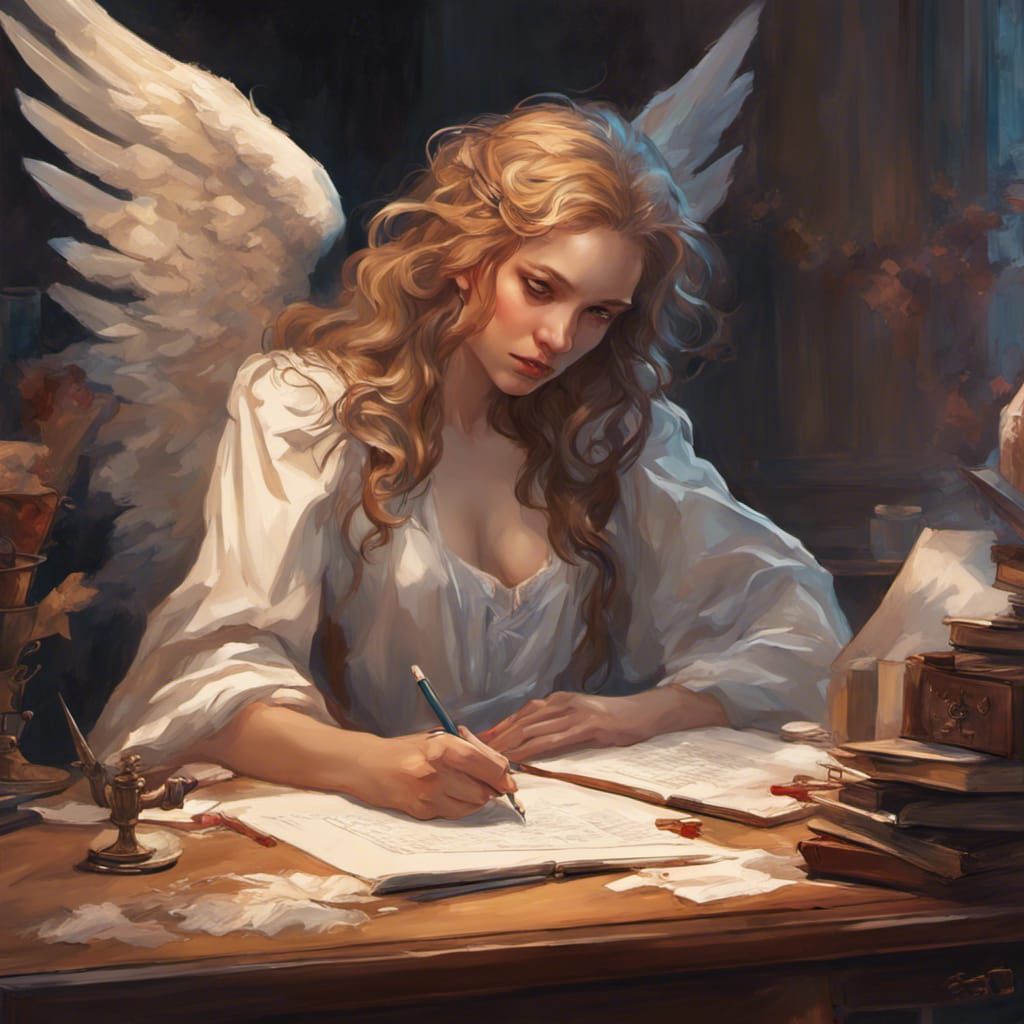 Angel Writing Memoirs: Romantic Portrait in Art Nouveau Styl...
