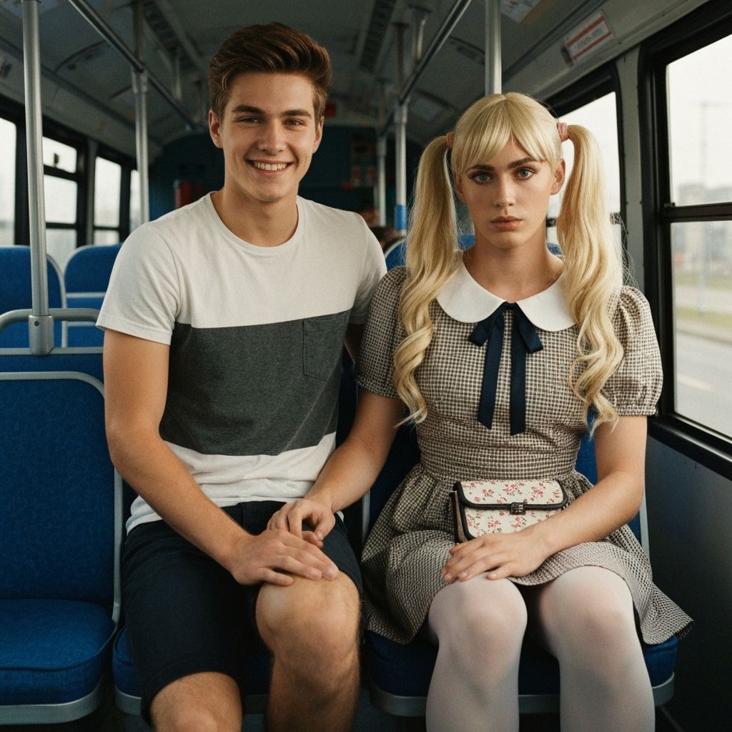 Two Young Men Posing in a Bus, One Crossdressing