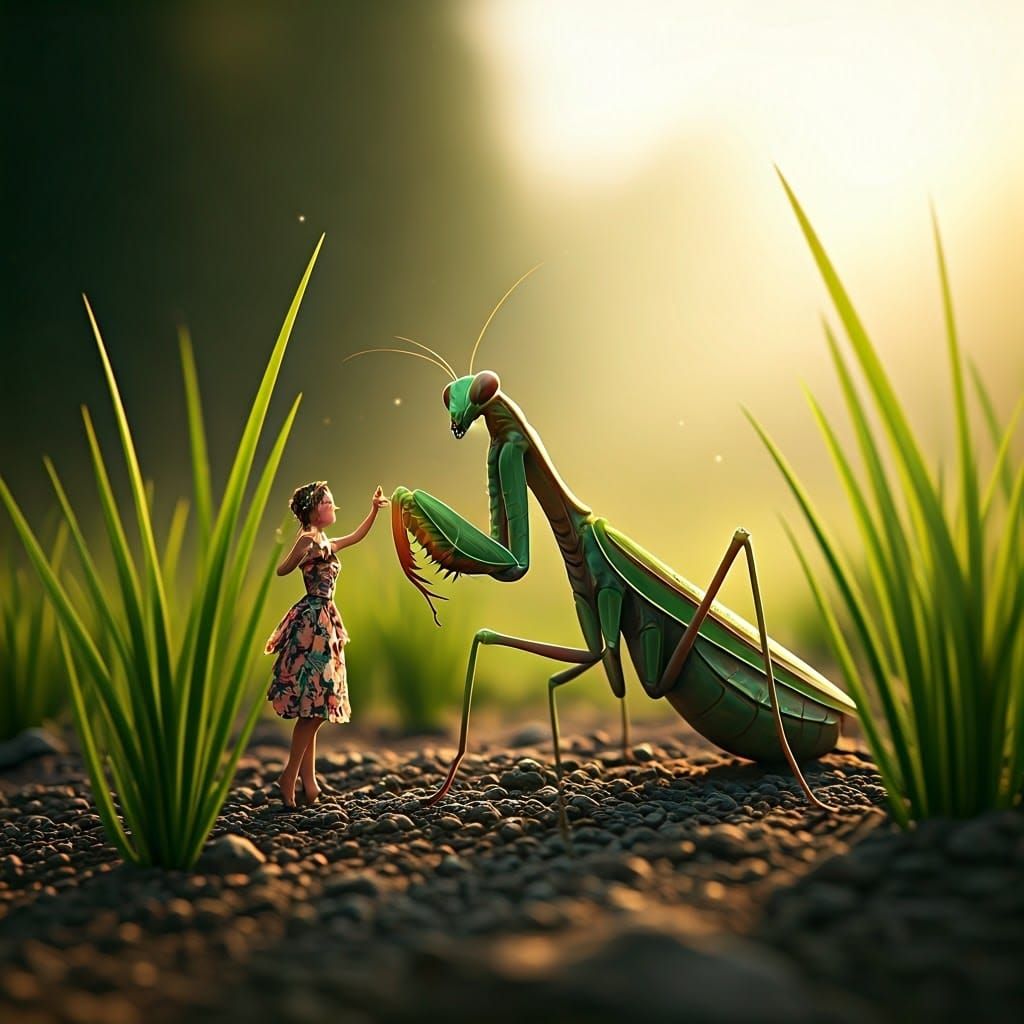 Praying Mantis and Miniature Woman in Sunlight