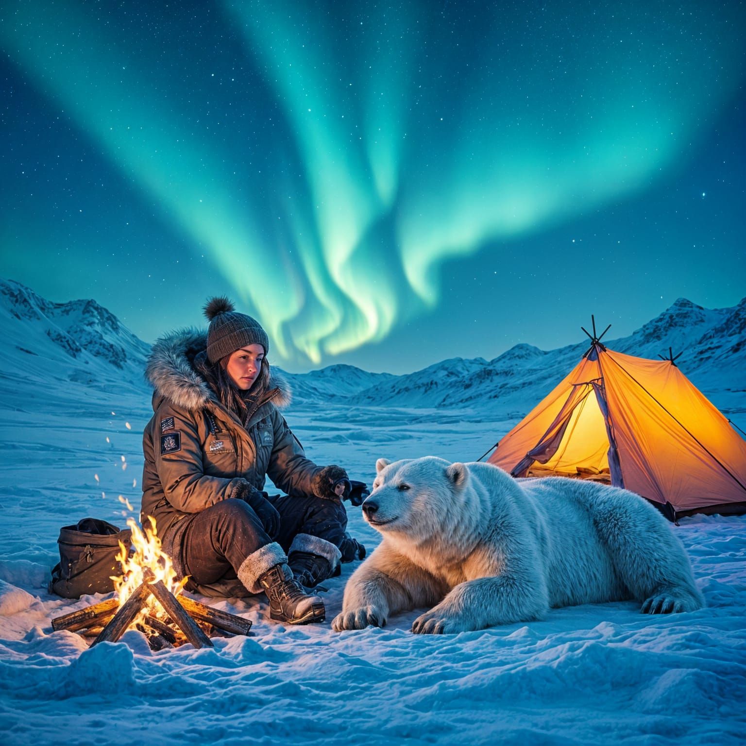 Woman and Polar Bear by Campfire Under Aurora Borealis