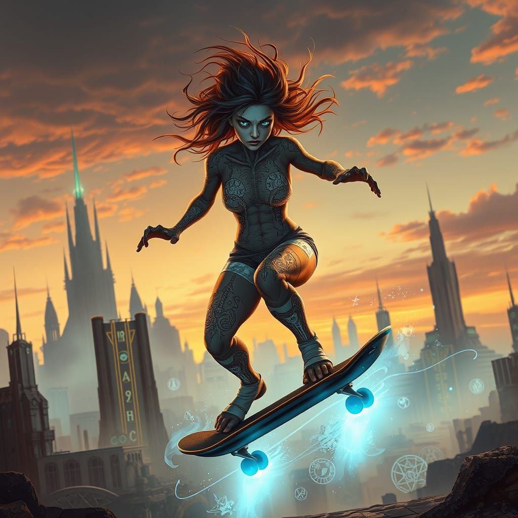 Glowing Homunculus Skater Rides Post-Apocalyptic Ruins in Cy...