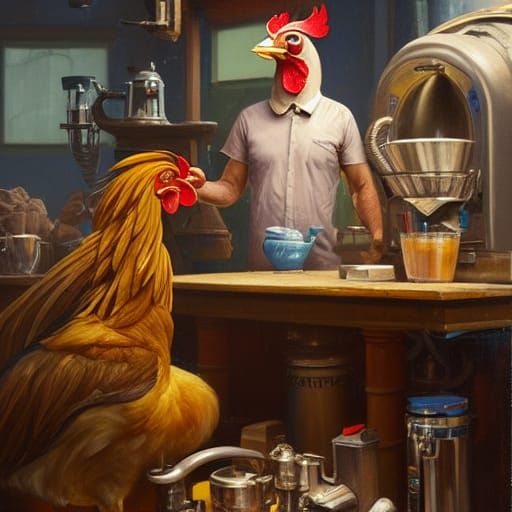 Chicken-Headed Repairman Assesses Broken Coffeemaker: Detail...